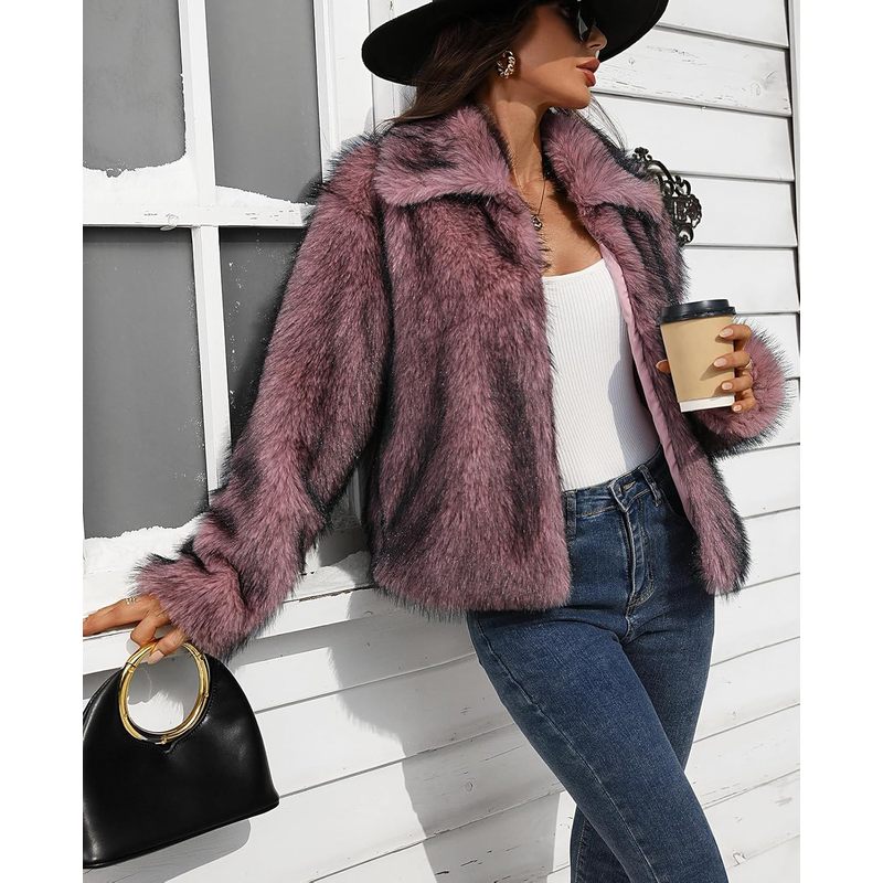 Women's Faux Fur Jacket Fluffy Winter Coat Collar Long