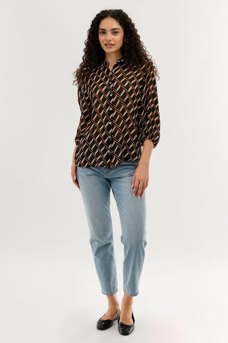 Patterned Sheer Button Down Blouse - Black