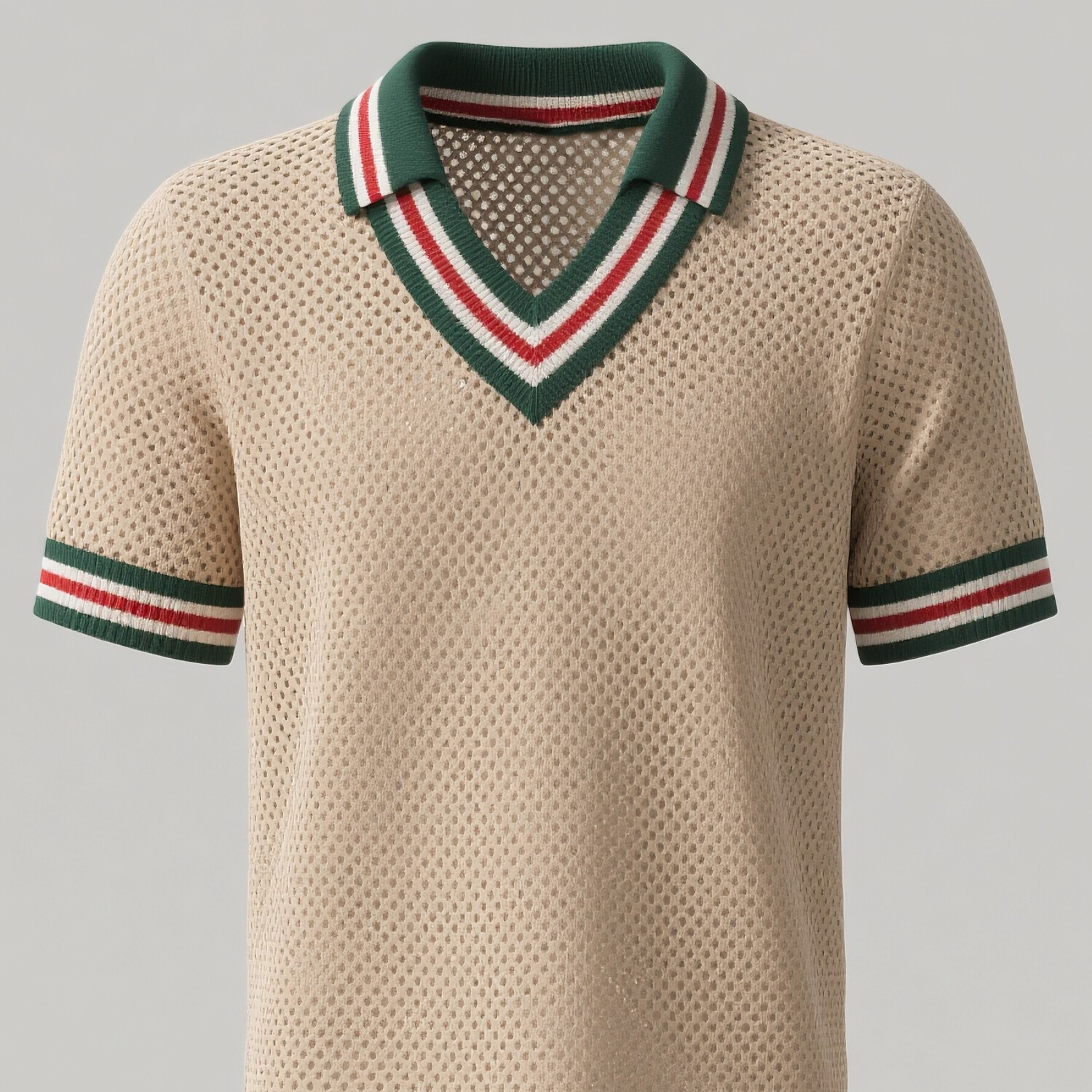 Men's Contrast Striped Turndown Collar V Neck Short Sleeve Hollow Out Shirt