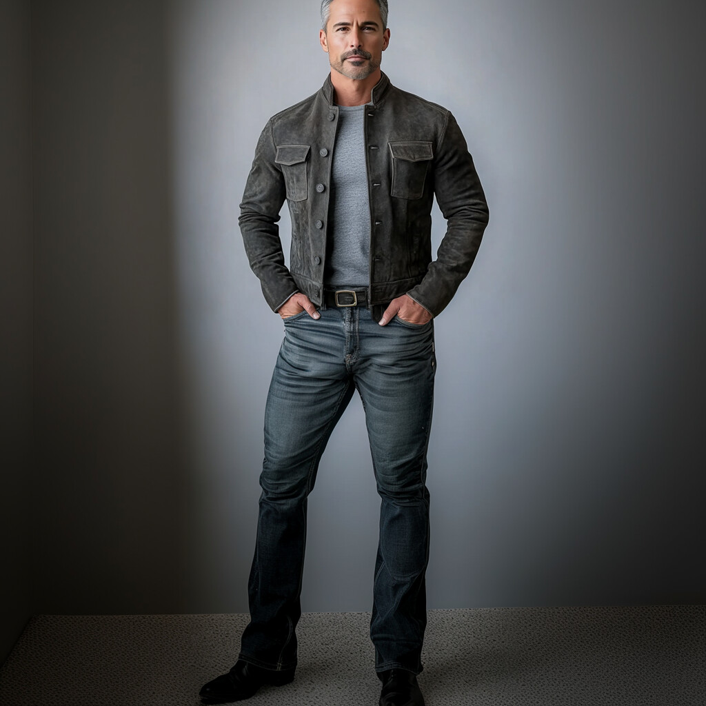 Men's Suede Stand Collar Button Flap Pocket Casual Jacket