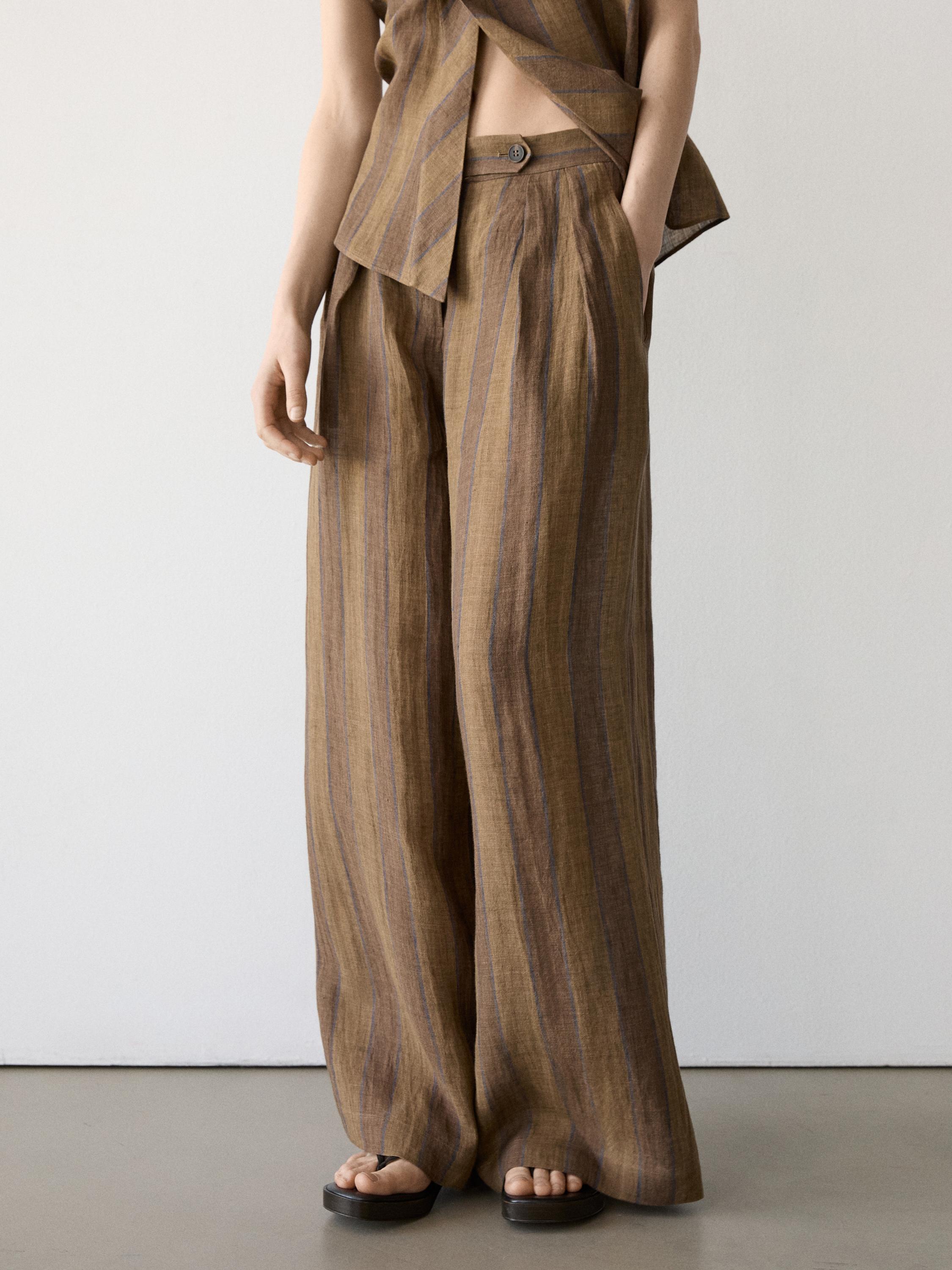 Pantalón ancho rayas lino