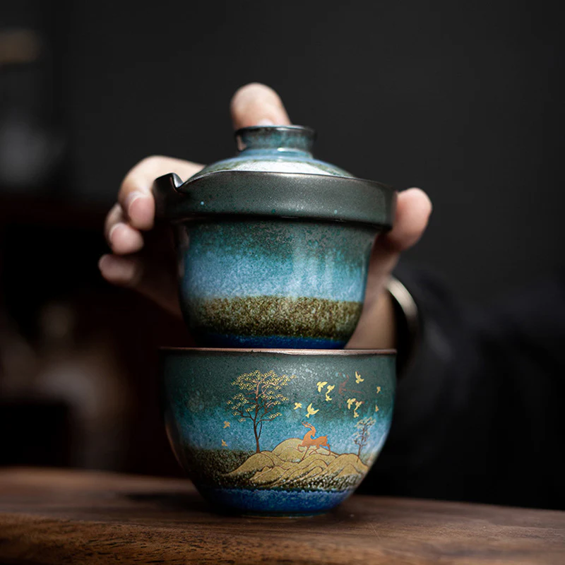 Ceramic Teacup Deer Mountain Trees Lovely Cat Black Tea Cup With Lid and Bag