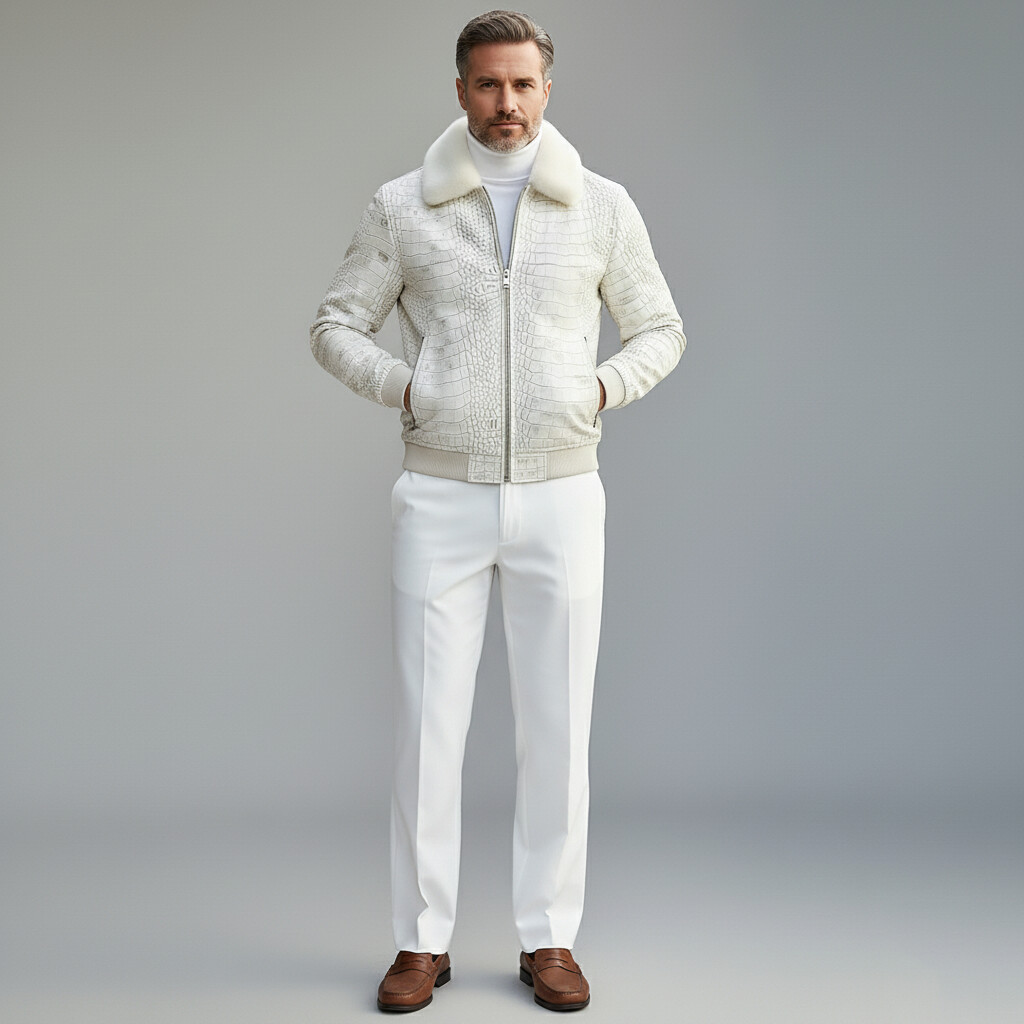 Men's Beige Plush Collar Long Sleeve Zipper Pockets Crocodile Pattern PU Leather Jacket