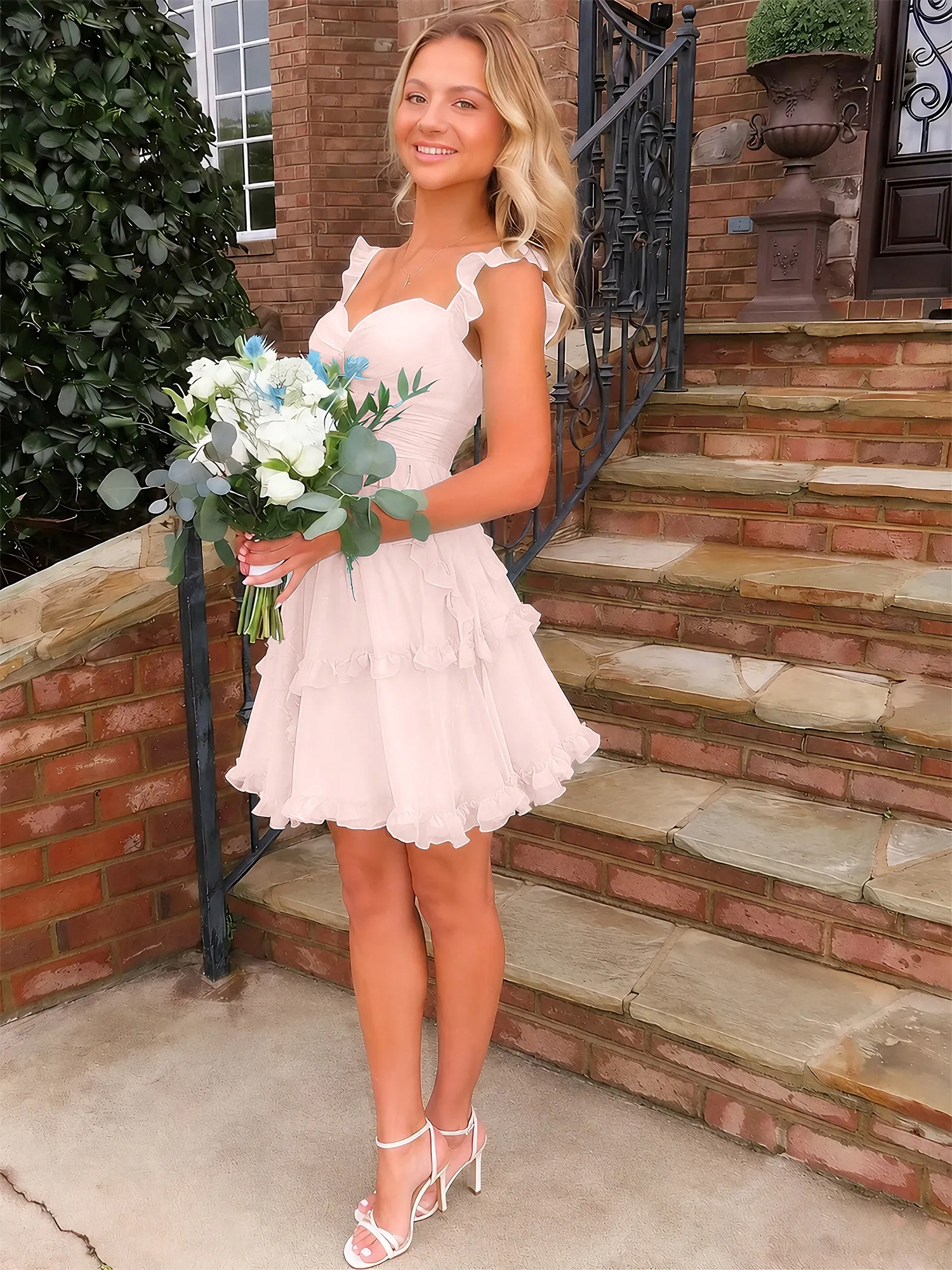 Sweetheart Ruffle Strap Tiered Chiffon Mini Homecoming Dress