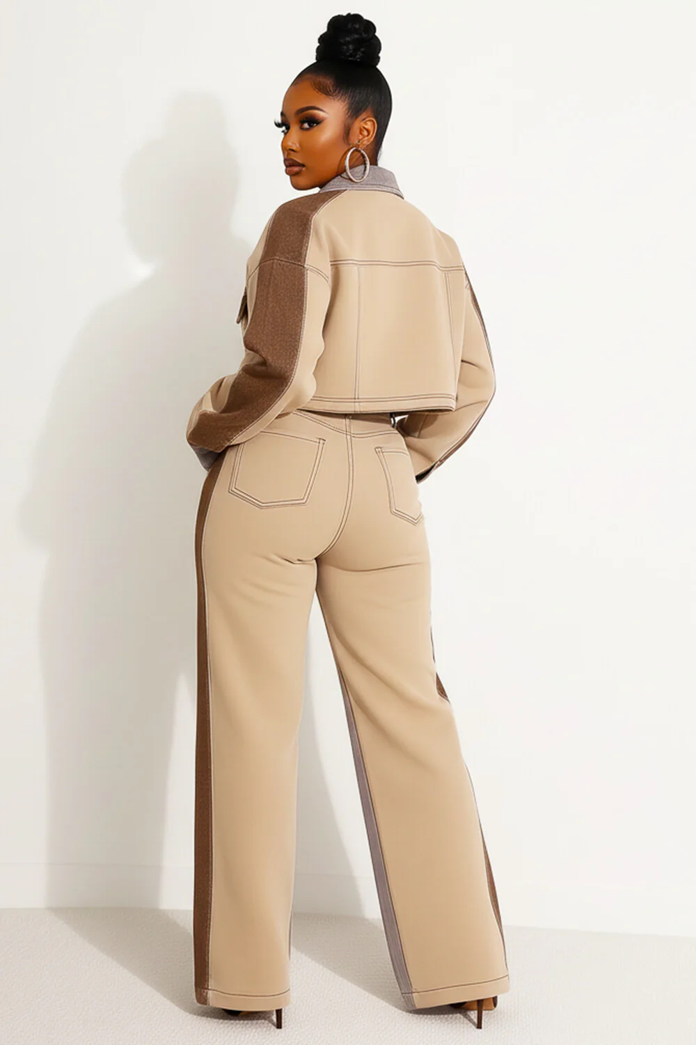 Seam Detail Patchwork Crop Jacket Wide Leg Pants 2pcs Set-Beige
