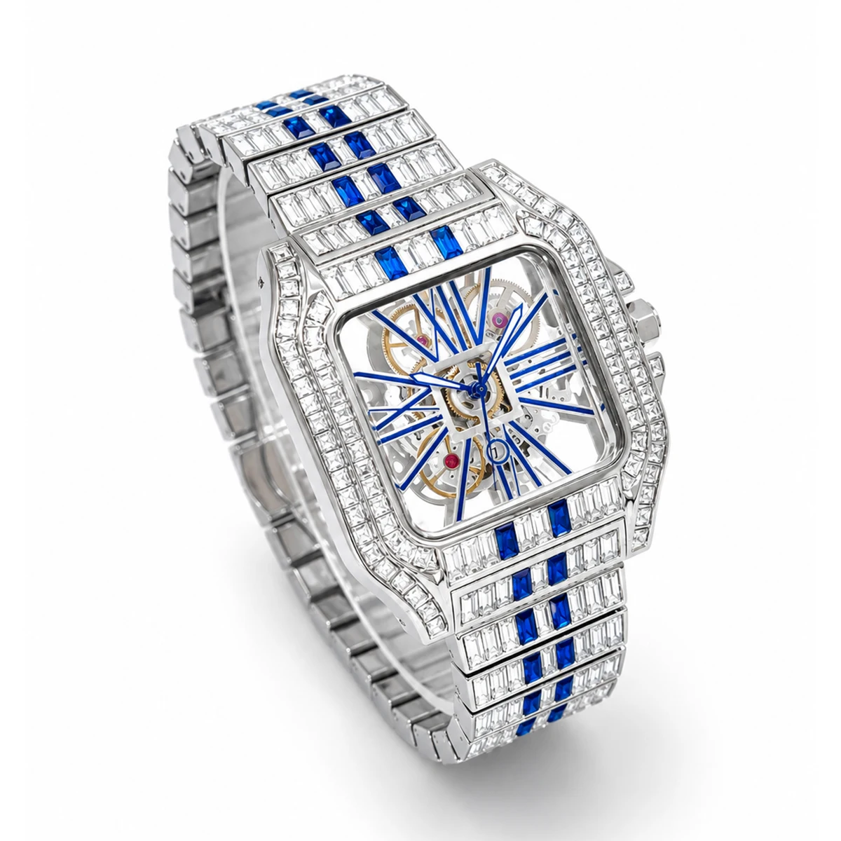 Men’s Blue Watches Sport Luxury Style Quartz Watches For Man Iced Rectangular Diamond Unique Square Hand Clock