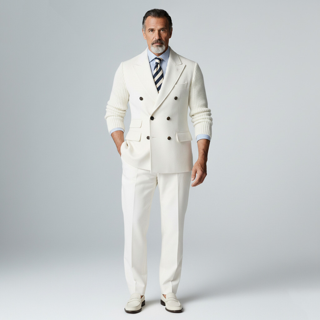 Men's White Peak Lapel Knitted Long Sleeve Double Breasted Blazer