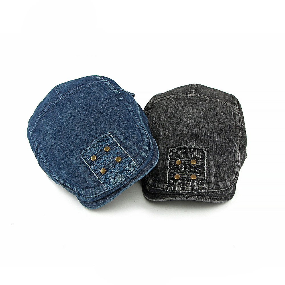 Men's Dark Blue Washed Denim Studded Adjustable Metal Buckle Flat Cap