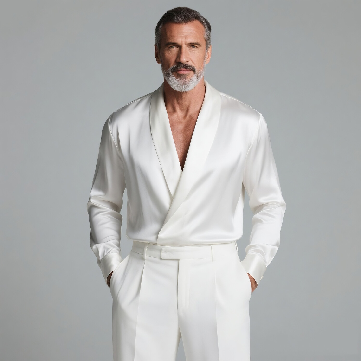 Men's Satin Shawl Lapel Wrap Front Long Sleeve Shirt