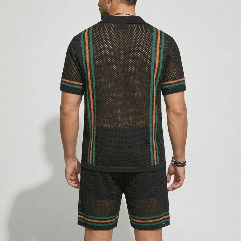 Men's Vacation Contrast Striped Short Sleeve Mesh Knit Shirt & Drawstring Shorts 2Pcs Set