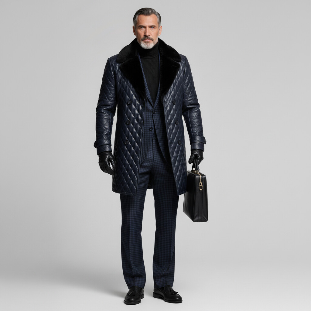 Men's Navy Blue Quilted PU Leather Fur Collar Double Breasted Long Sleeve Trench Coats