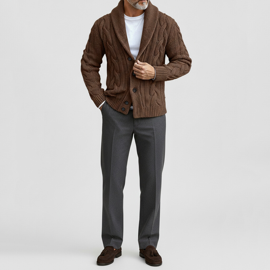 Men's Solid Lapel Collar Single Breasted Long Sleeve Cable Knit Cardigans