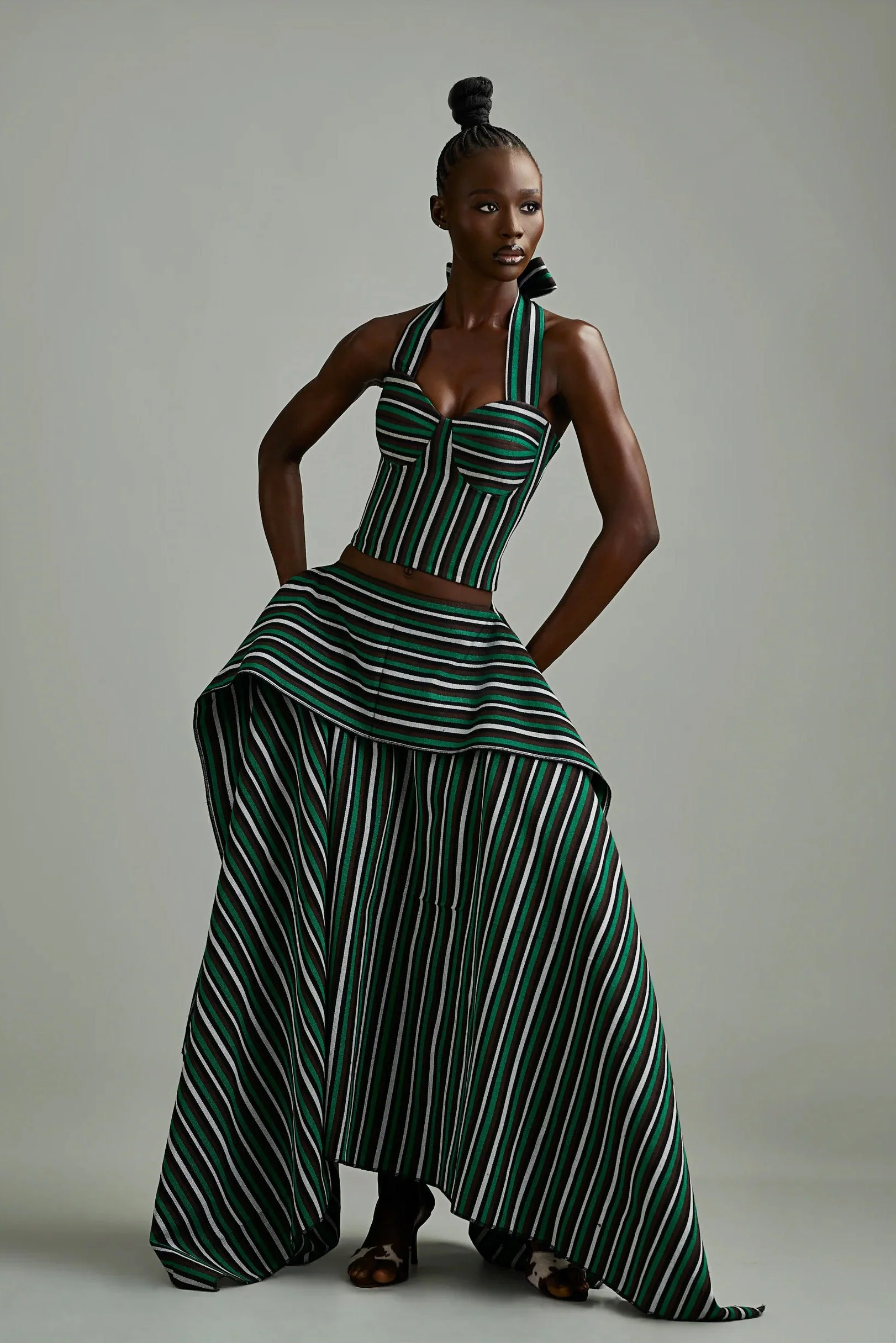 Green Striped Asymmetric High-Low Skirt