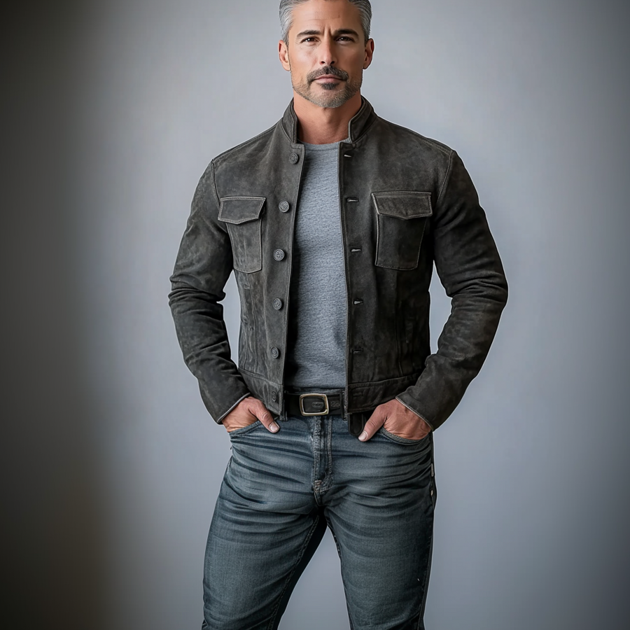 Men's Suede Stand Collar Button Flap Pocket Casual Jacket