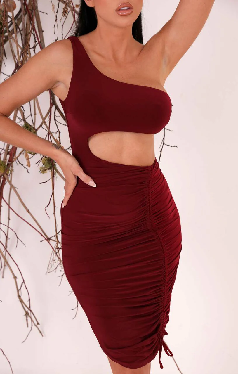 Cut Out Slinky One Shoulder Ruched Bodycon Mini Dress