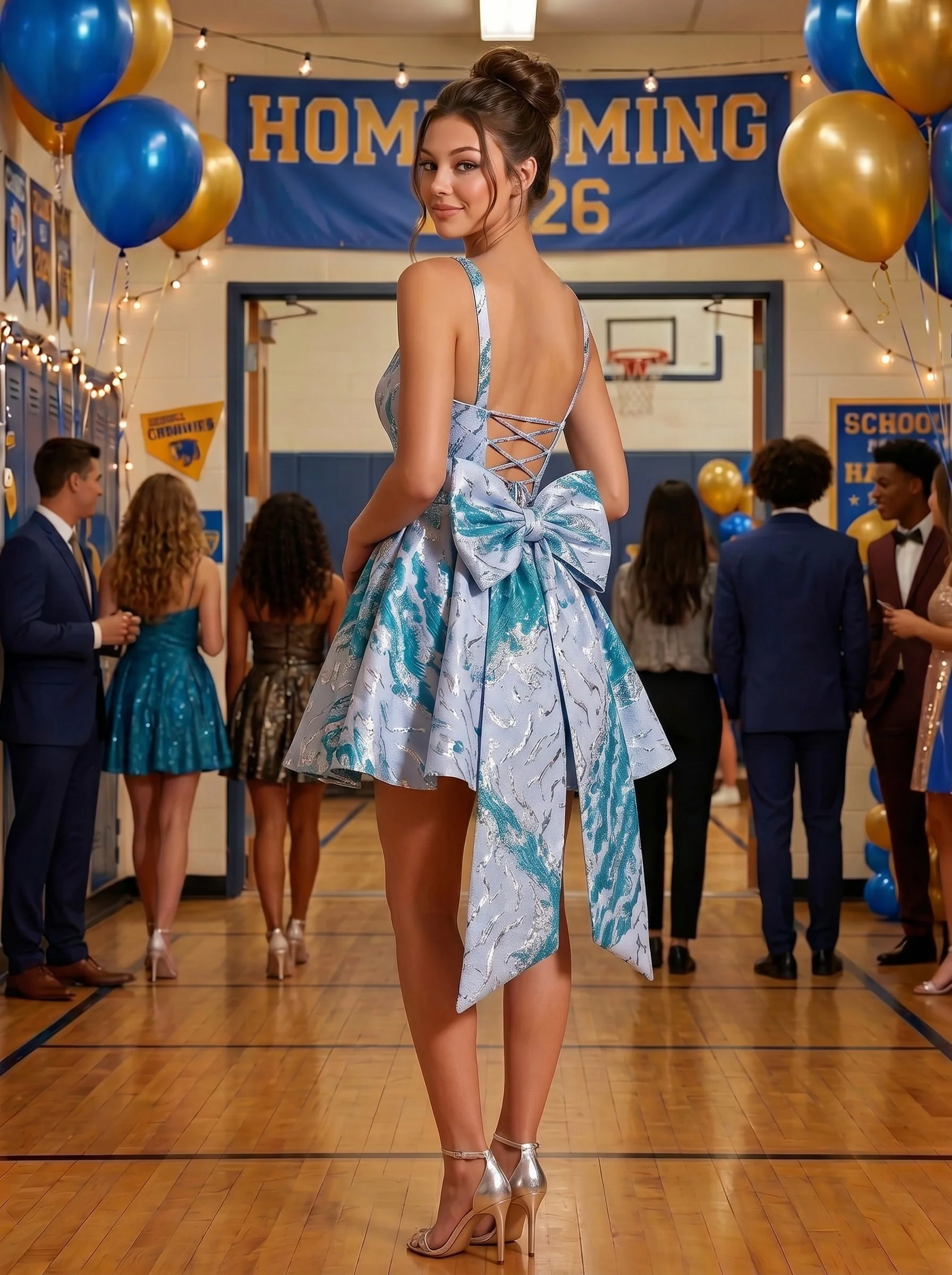 Square Neck Brocade Mini Homecoming Dress with Oversized Back Bow