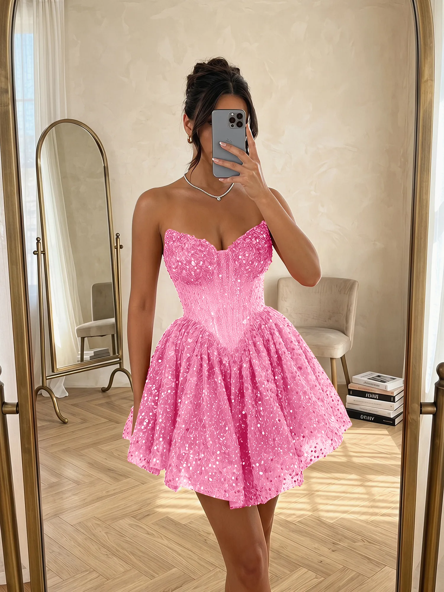 Sequin Strapless Sweetheart Mini Homecoming Dress with Ruffled Skirt
