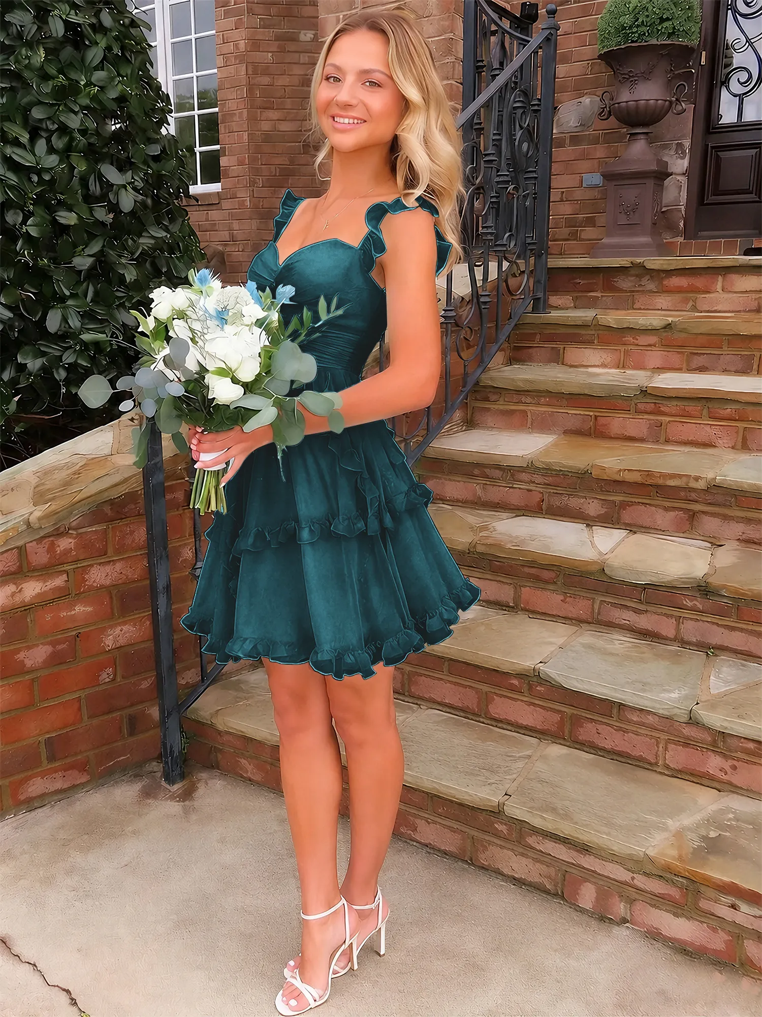 Sweetheart Ruffle Strap Tiered Chiffon Mini Homecoming Dress