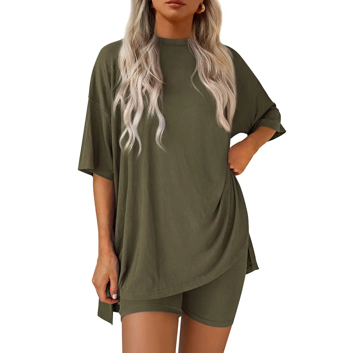 Women Summer  Casual Oversized  Split Hem Shirts & Side Pocket Biker Shorts