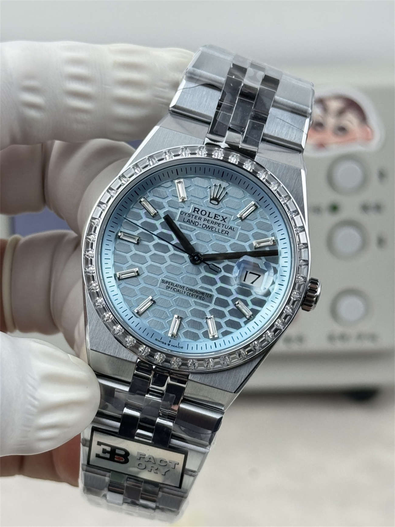3B Factory Rolex Land-Dweller 127386TBR-0001 Replica – Platinum Look, Diamond Bezel & 163g Full Weight