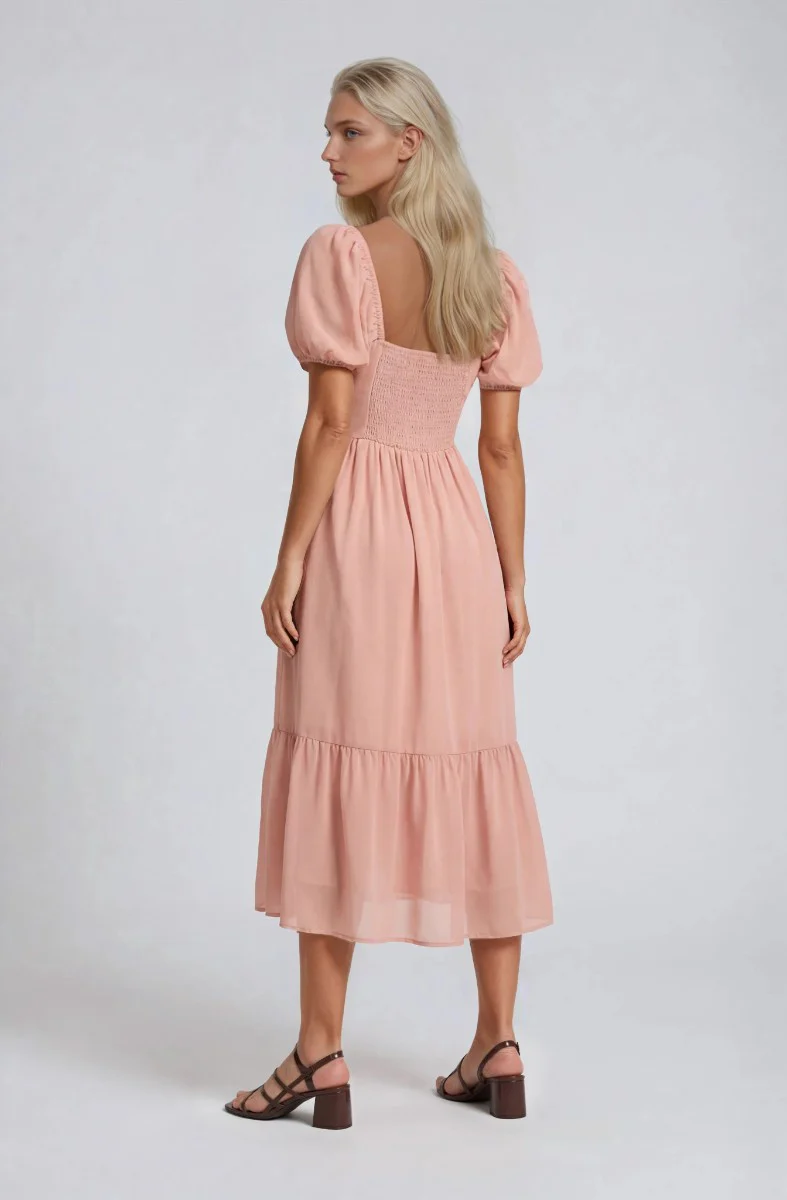 Pleated Puff Sleeve Dress - Blush