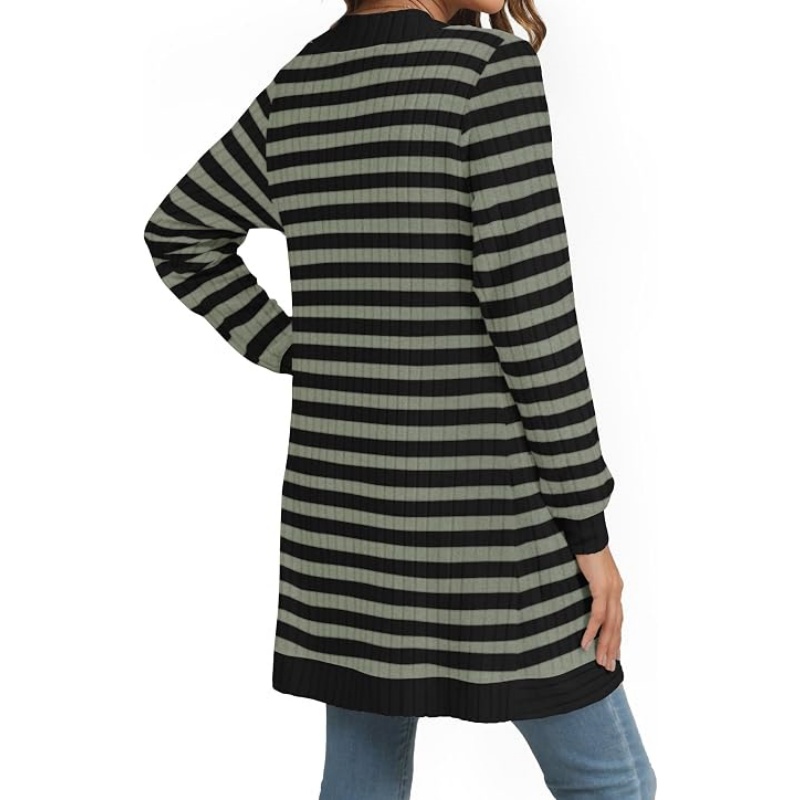 Women Striped Ribbed Knit Cardigan Open Front Long Sleeve Mid‑Length Casual Sweater Cardigan with Side Pockets