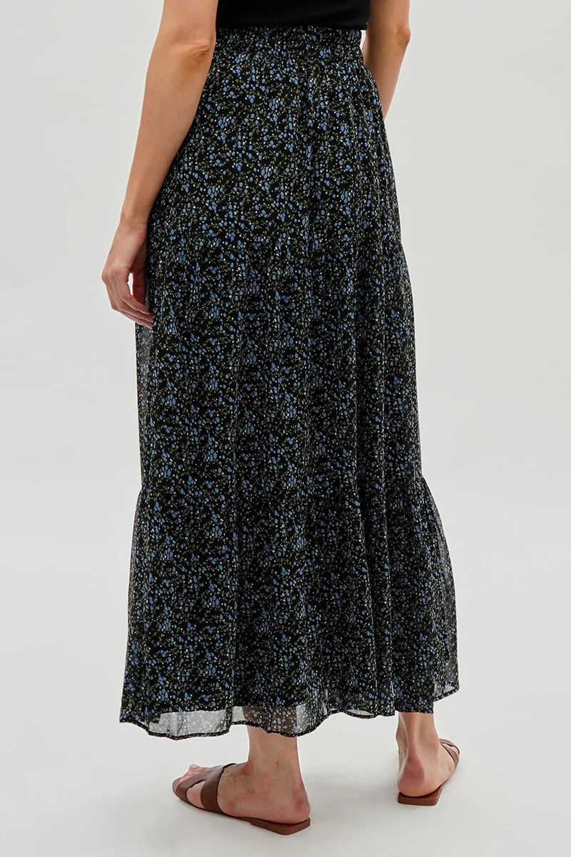 Floral Tiered Chiffon Maxi Skirt - Black