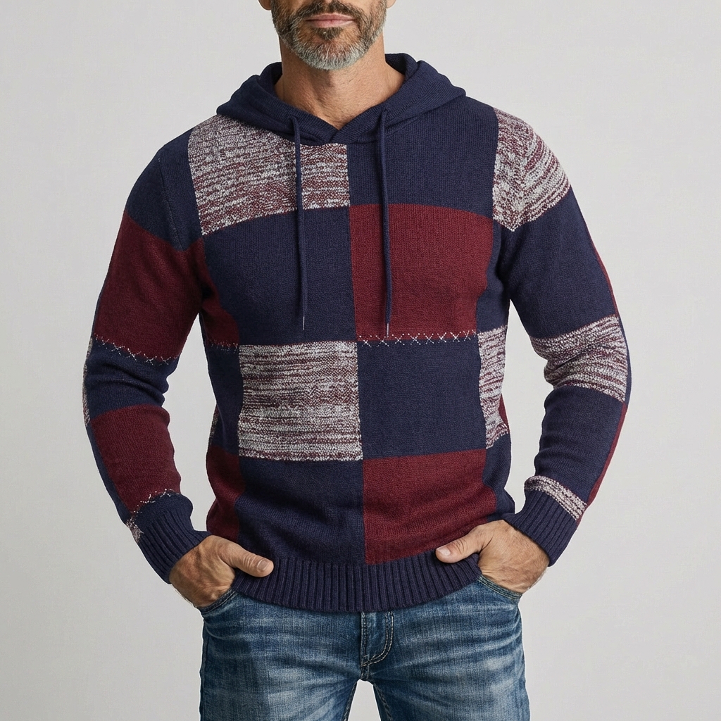 Men's Casual Color Block Drawstring Hooded Long Sleeve Knit Sweaters