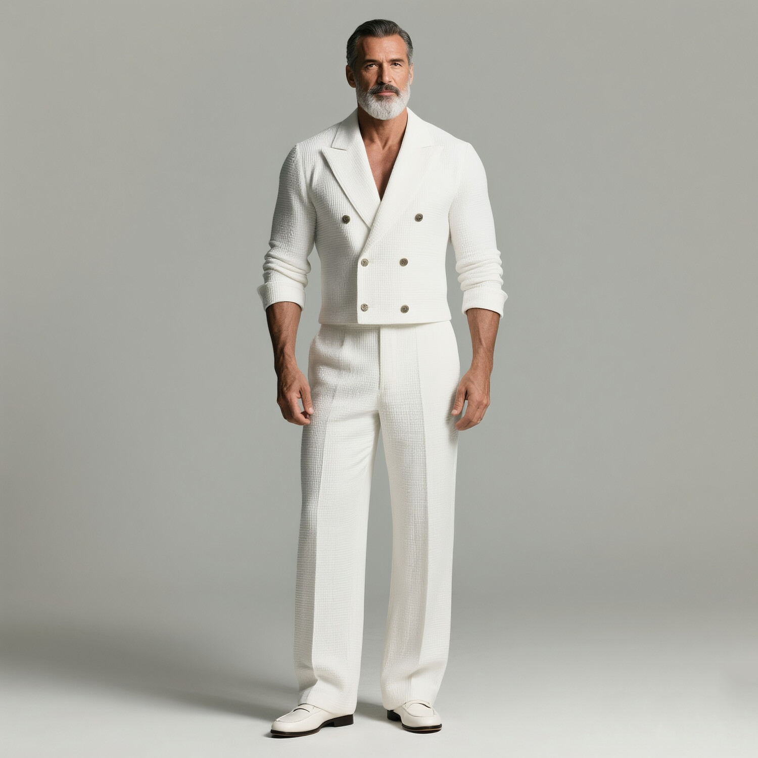 Men's Waffle Textured Double Breasted Peak Lapel Long Sleeve Shirt & Pants 2Pcs Set