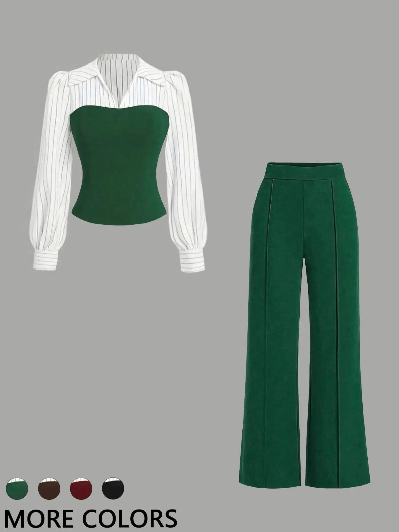Women's Long Sleeve Colorblock Patchwork Shirt Set, Slimming Waist Design, Straight Leg Pants, Casual Fashion, Chic, Style, 2 Piece Set, Womenswear