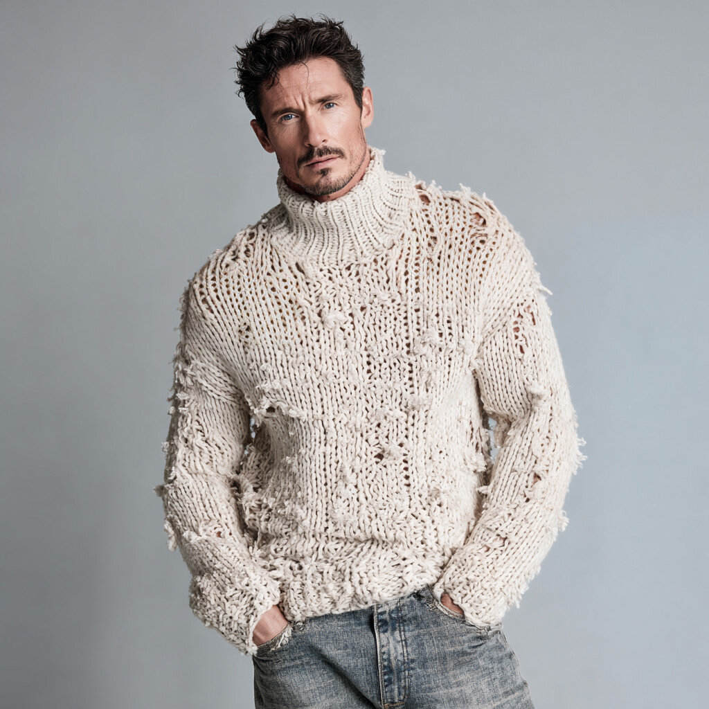 Men's Distressed Chunky Knit Long Sleeve Drop Shoulder Turtleneck Sweater