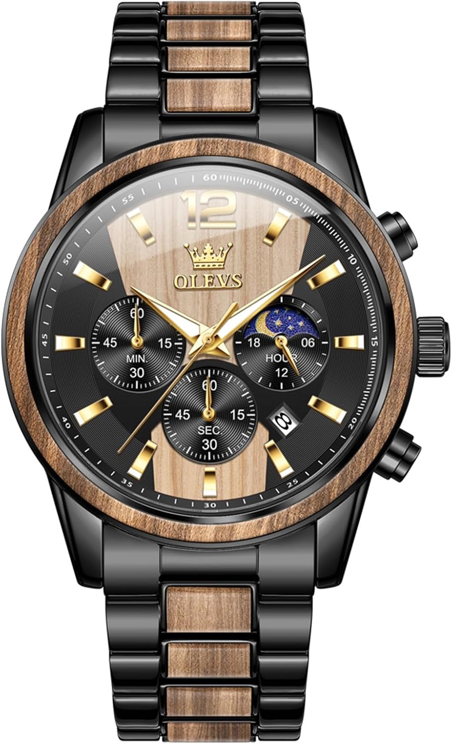 OLEVS Men Analog Quartz Waterproof Watches Multifunction Chronograph Diamond Moon Phase Luminous Silicone Band Wrist Watches