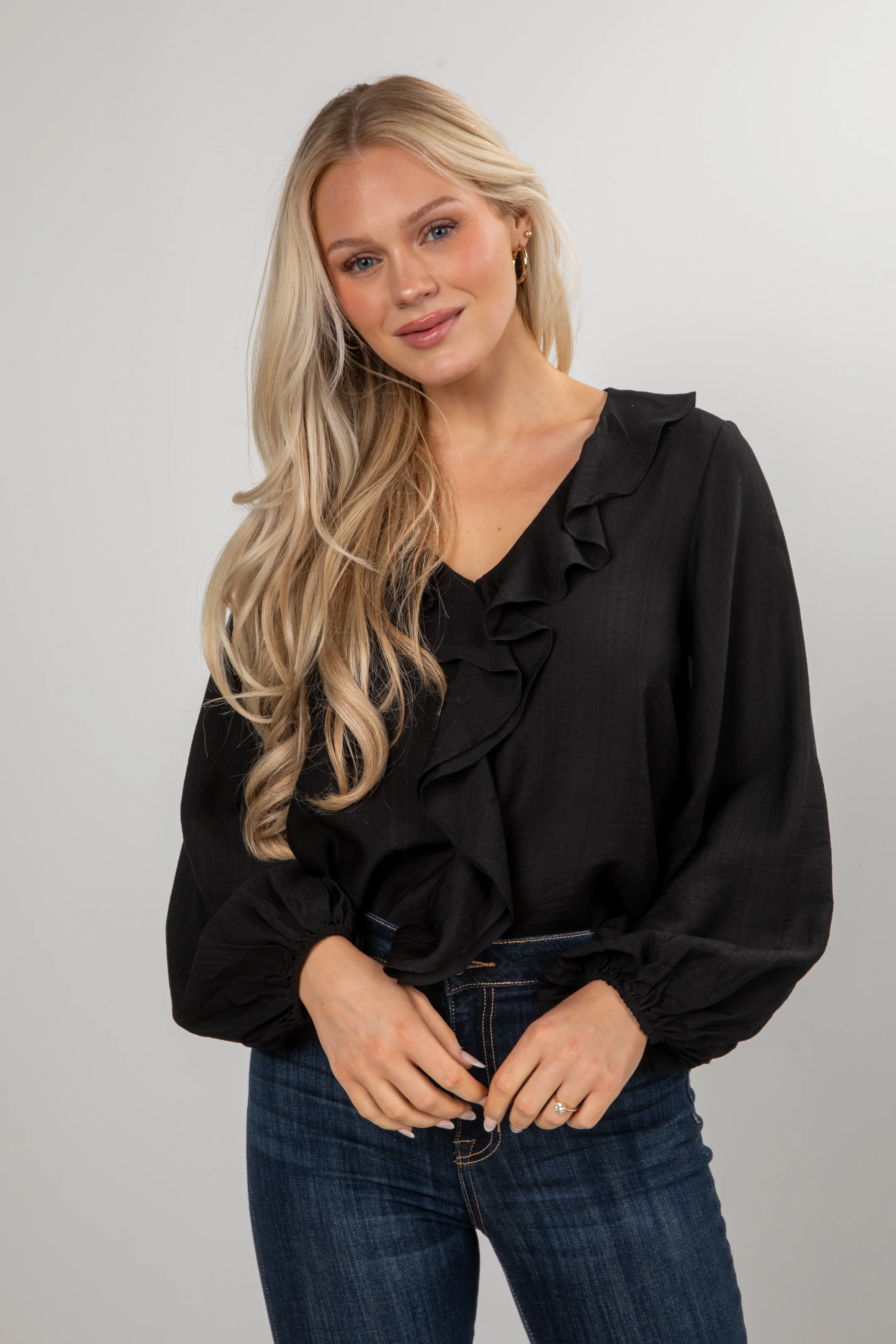 FINAL SALE - Midnight Waltz Ruffle Black Blouse - DU Deal