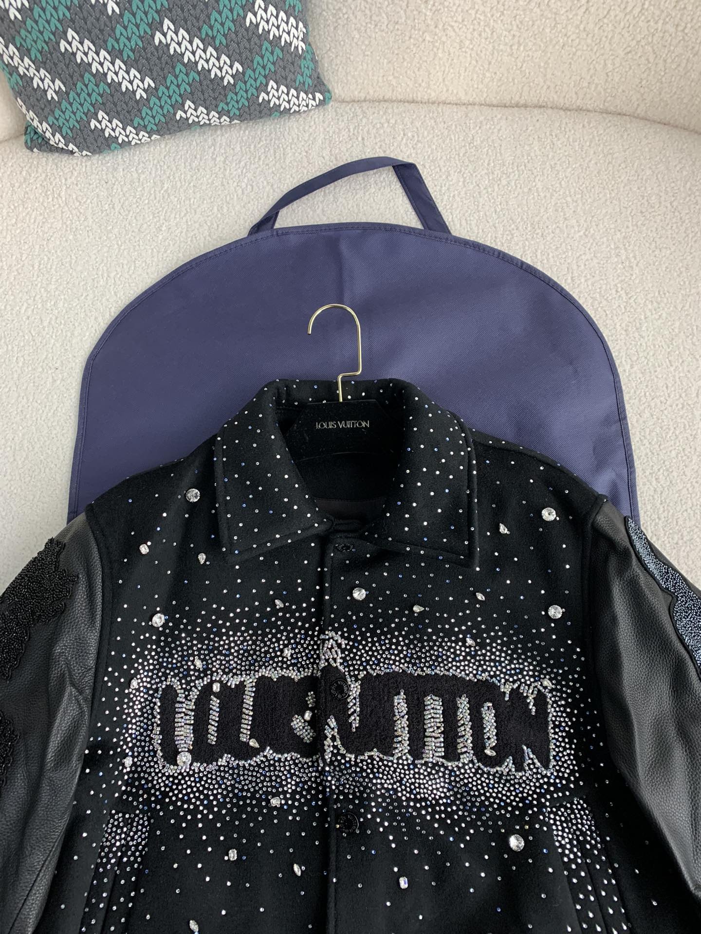 LV FW23 lettered beaded embroidered leather jacket