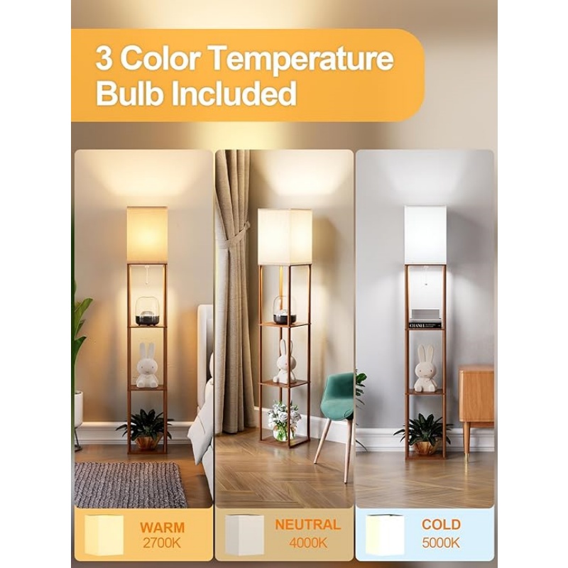 Floor Lamp with Shelves for Living Room Natural Wood