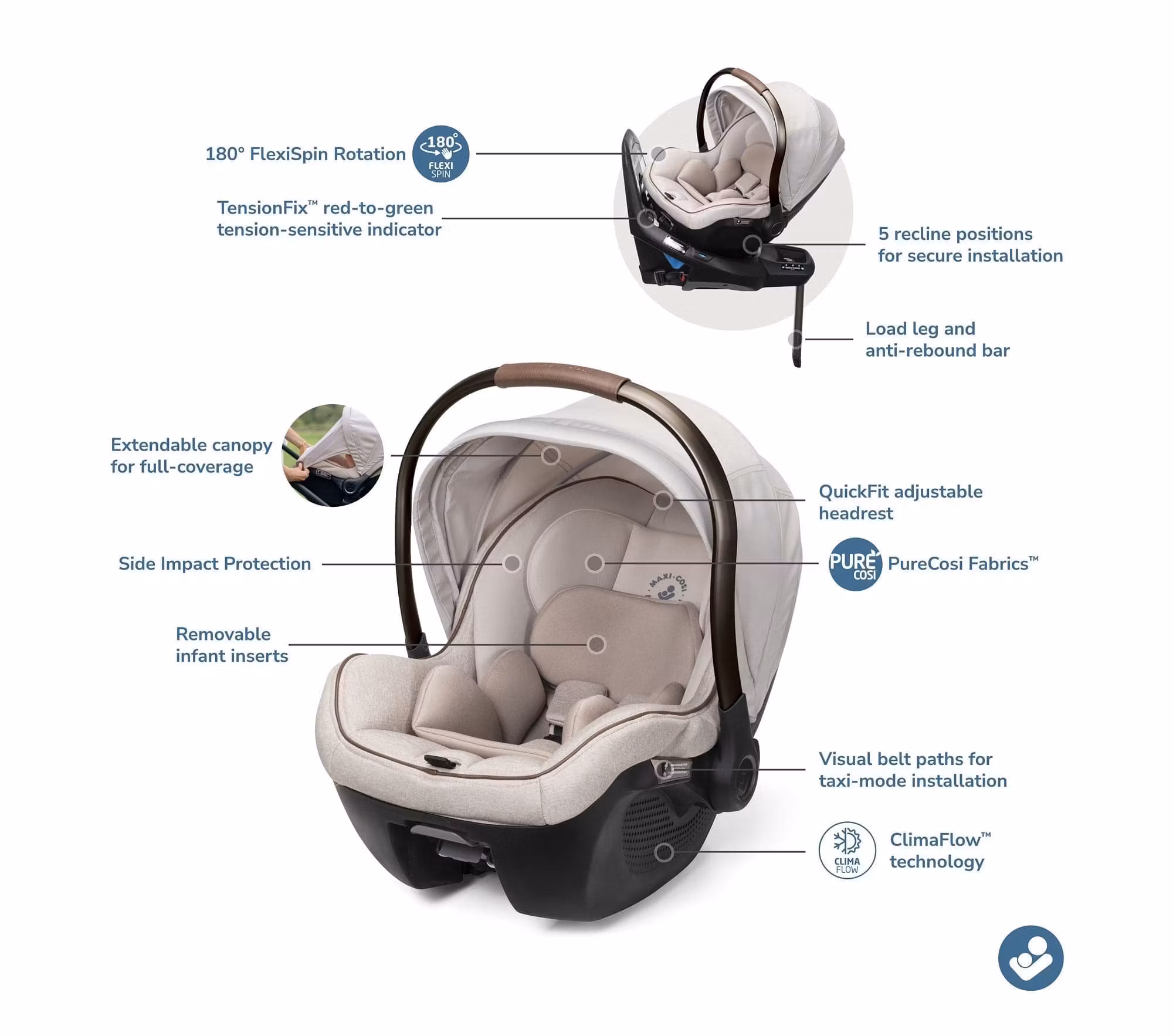 Maxi-Cosi Tana 360 + Peri 180 Rotating Infant Car Seat Travel System Bundle - Natural Heritage