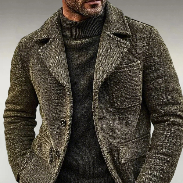 Men's Retro Army Green Tweed Single Breasted Notch Lapel Chest Pocket Long Sleeve Jacket