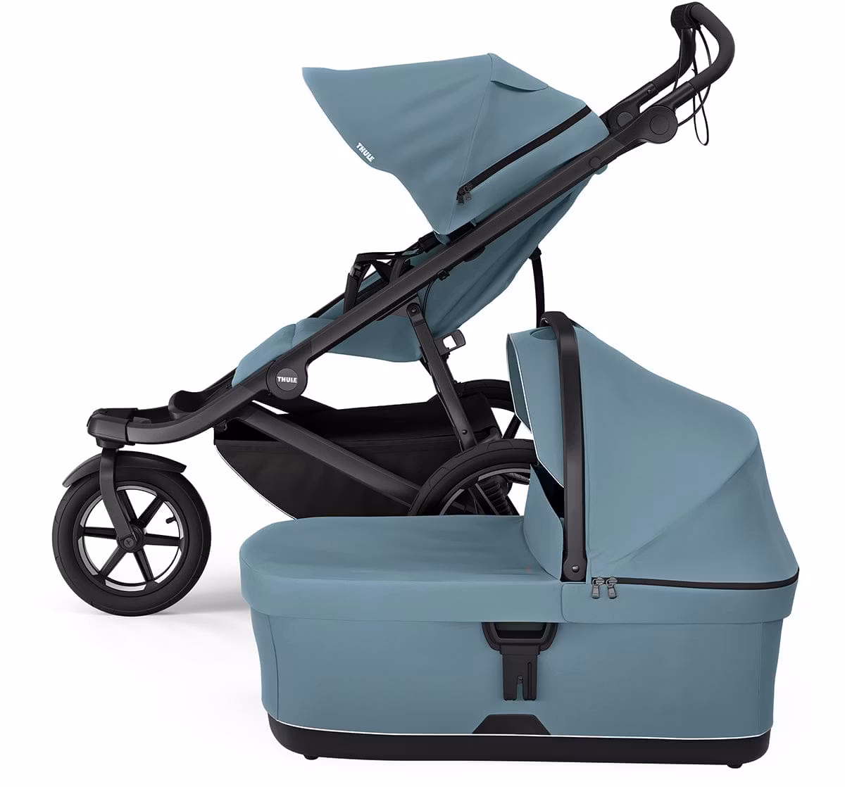 Thule Urban Glide 3 Single Jogging Stroller with NON-Magnetic Buckle + Bassinet Bundle - Mid-Blue