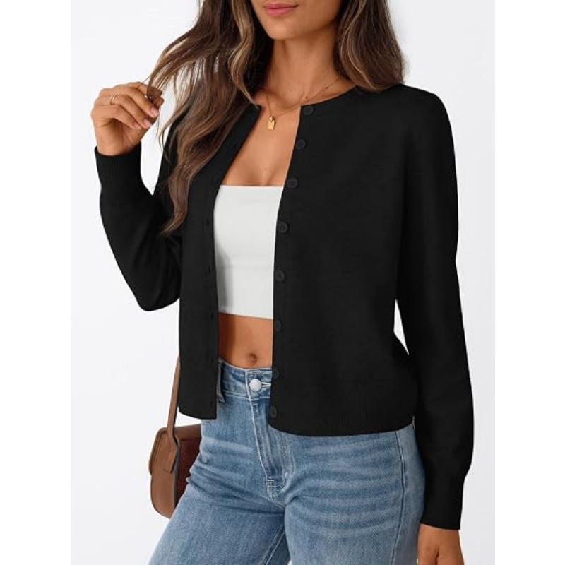 Women's Lightweight Crew Neck Knit Cardigan Long Sleeve Button Down Cropped Knit Outerwear