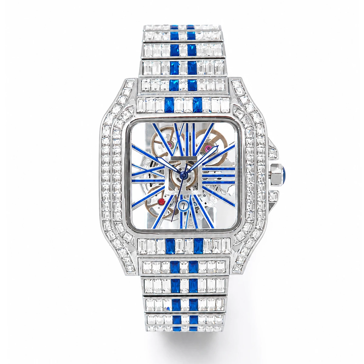 Men’s Blue Watches Sport Luxury Style Quartz Watches For Man Iced Rectangular Diamond Unique Square Hand Clock