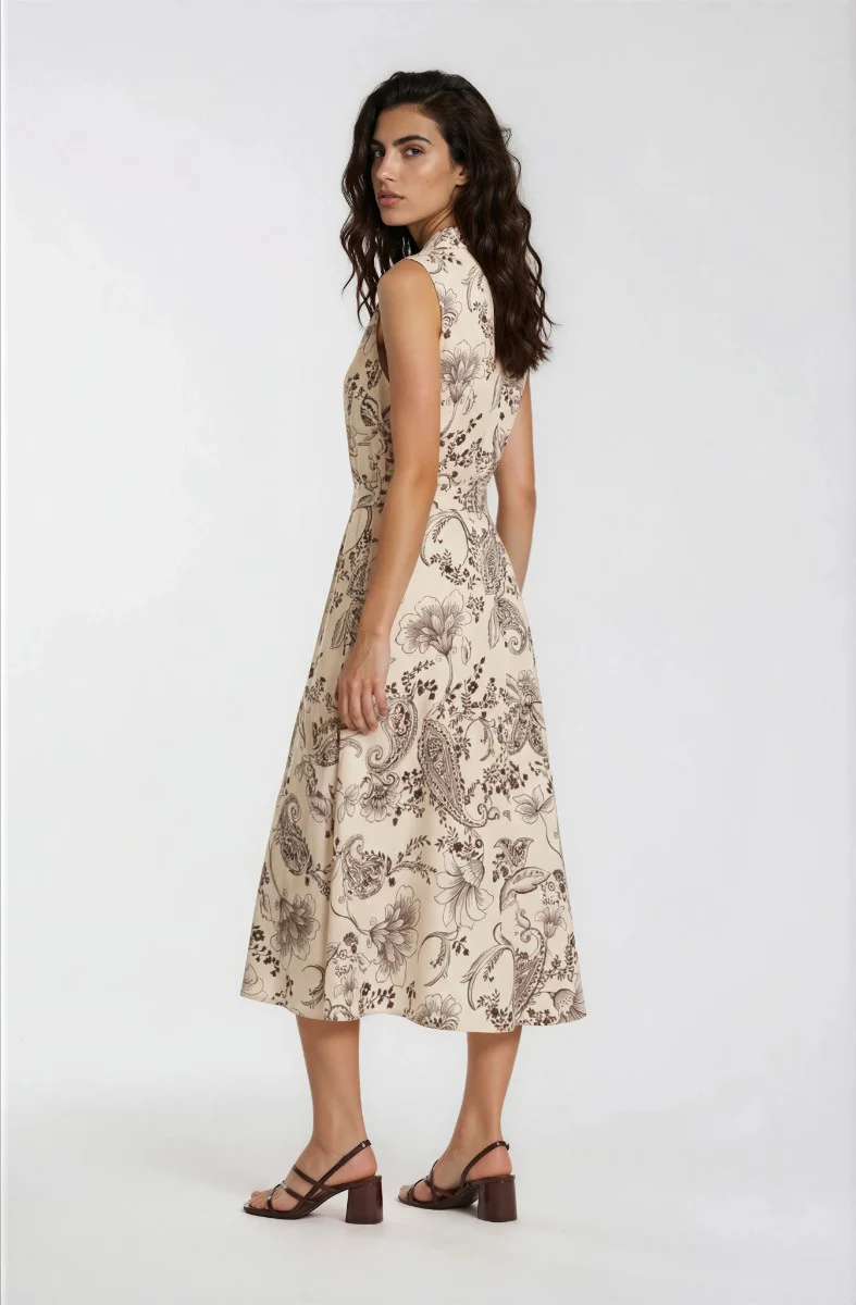 Sleeveless Printed Midi Dress - Beige
