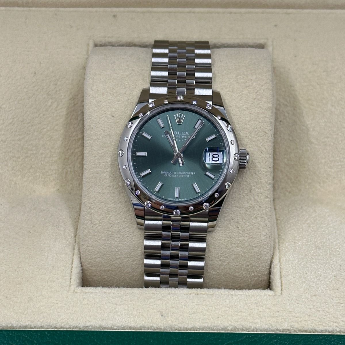 【Super Clone】RLX Datejust m278344-0019/0020 Mint Green Dial 31mm Domed Diamond Oyster Watch