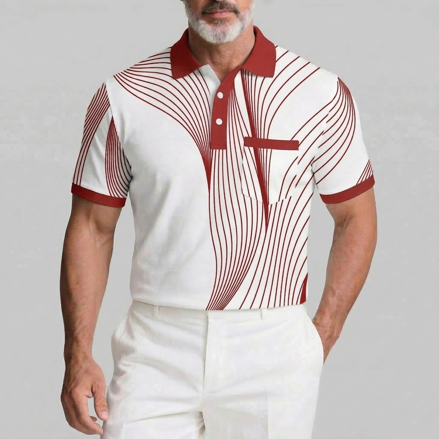 Men's Business Casual Geometric Lines Print Contrast Binding Patch Pocket Polo Shirt
