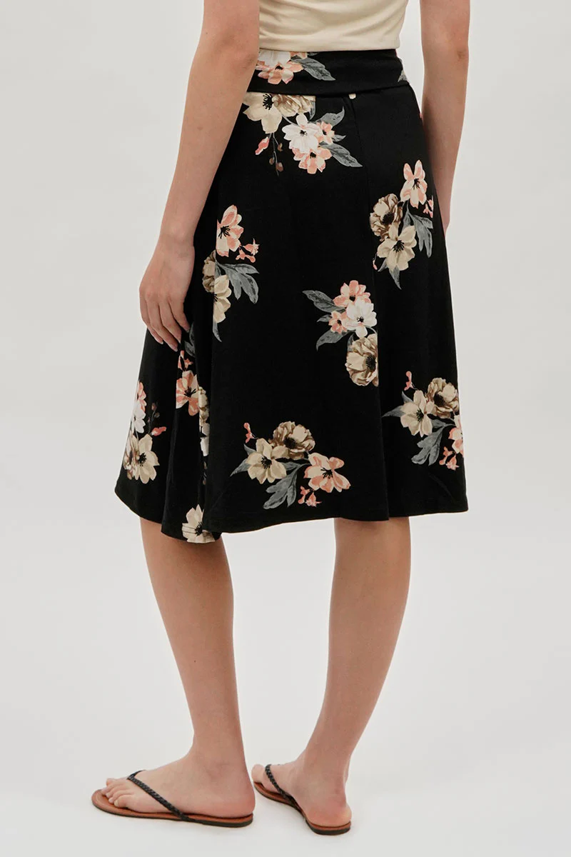 Floral Fold Over Midi Skirt - Black