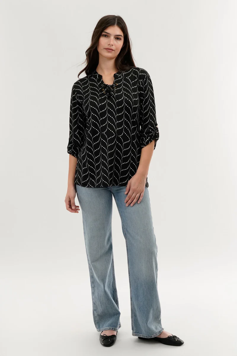 Patterned Lace Up Blouse - Black