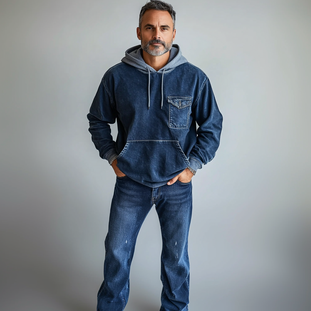 Men's Casual Flap Pocket Drawstring Denim Hoodie