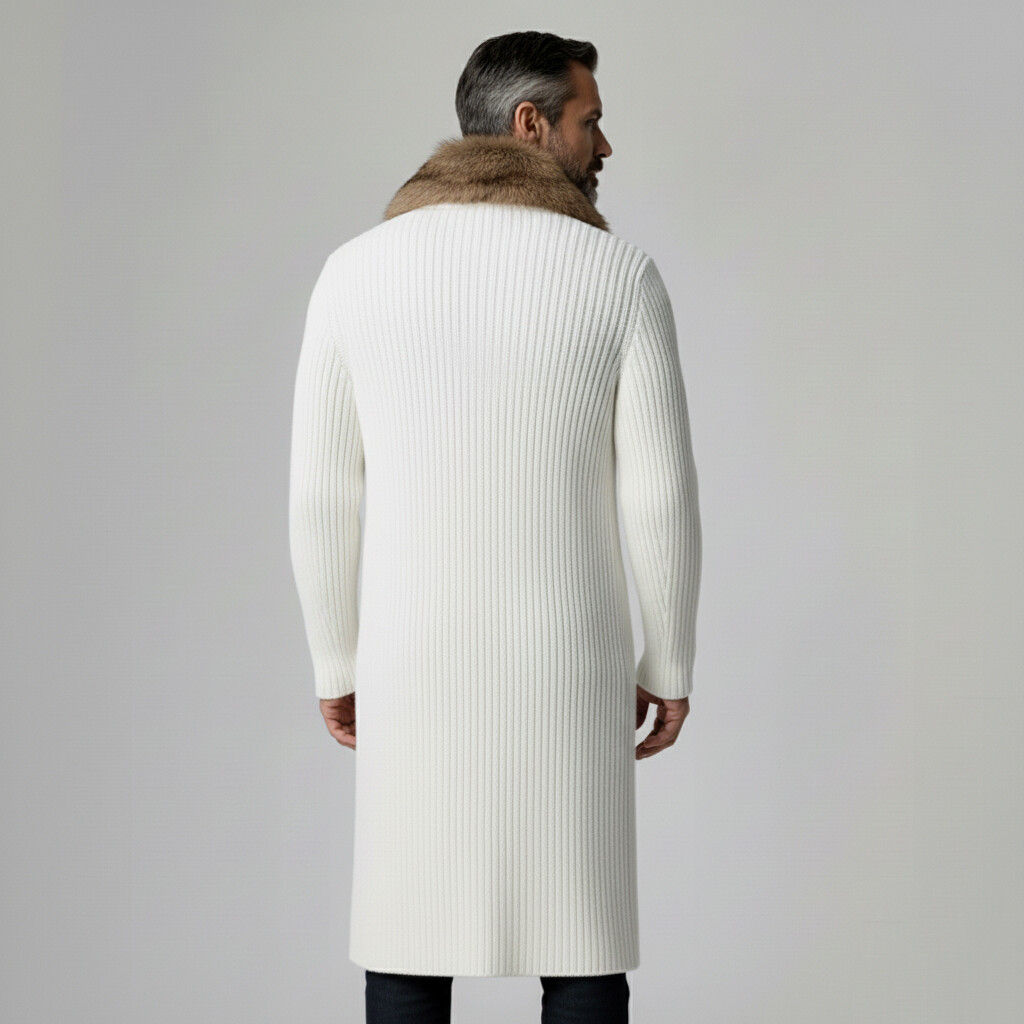 Men's White Fur Collar Single-Breasted Pocket Ribbed Knit Long Cardigans