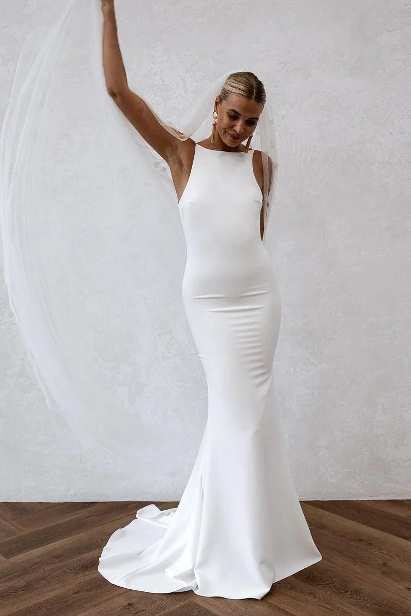 Elegant Simple Mermaid Scoop Neck Soft Satin Long Wedding Dress