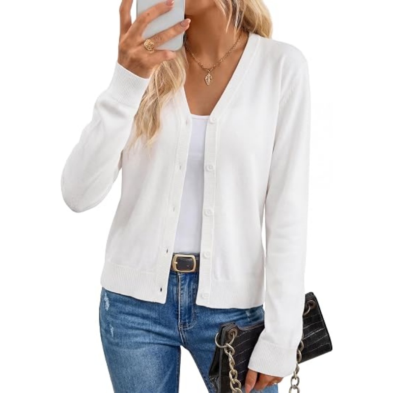 Women Wool‑Blend Button‑Down Knit Cardigan V‑Neck Long Sleeve Cropped Business Casual Fall Knit Outer Top