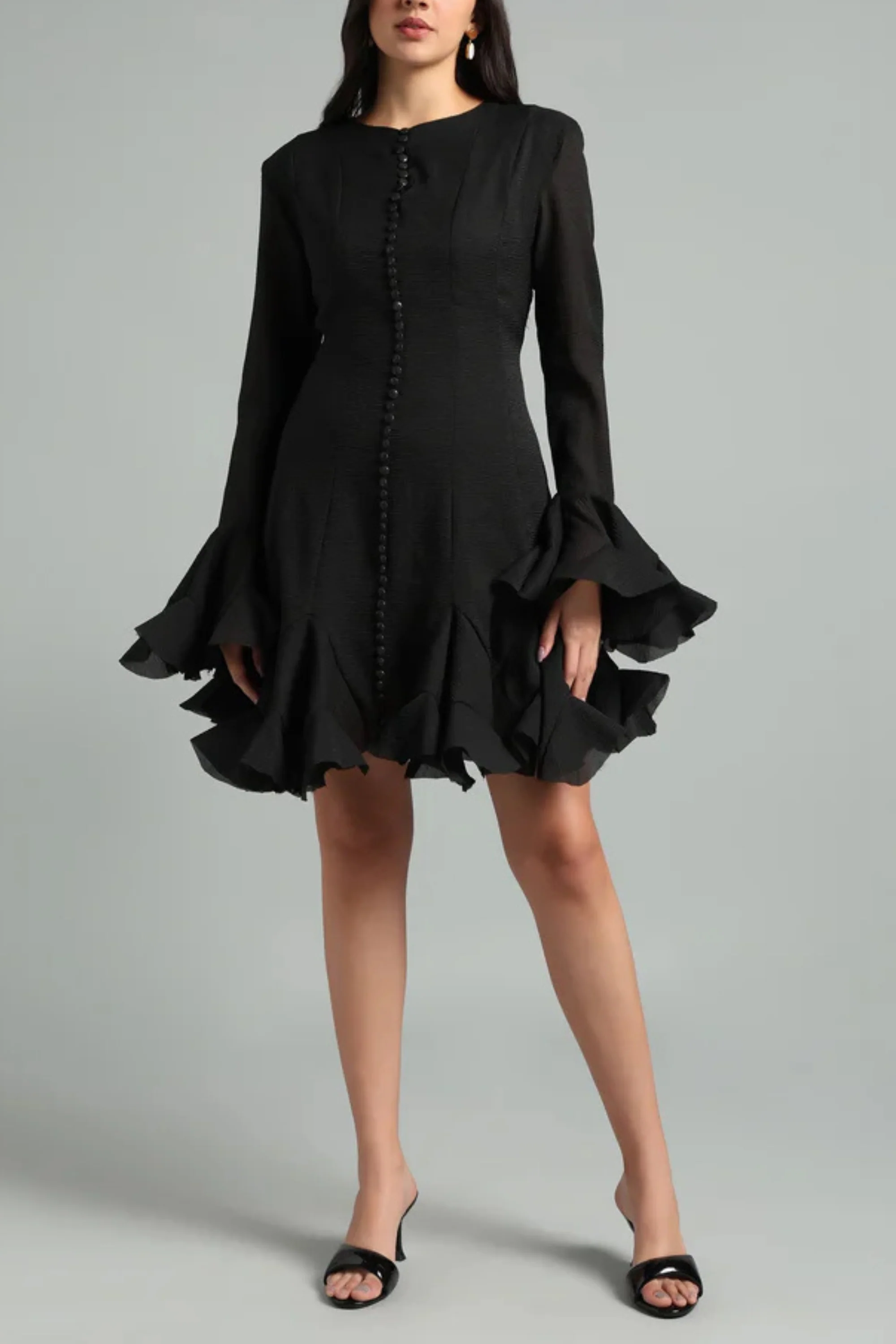 Black Godet Ruffled Dress